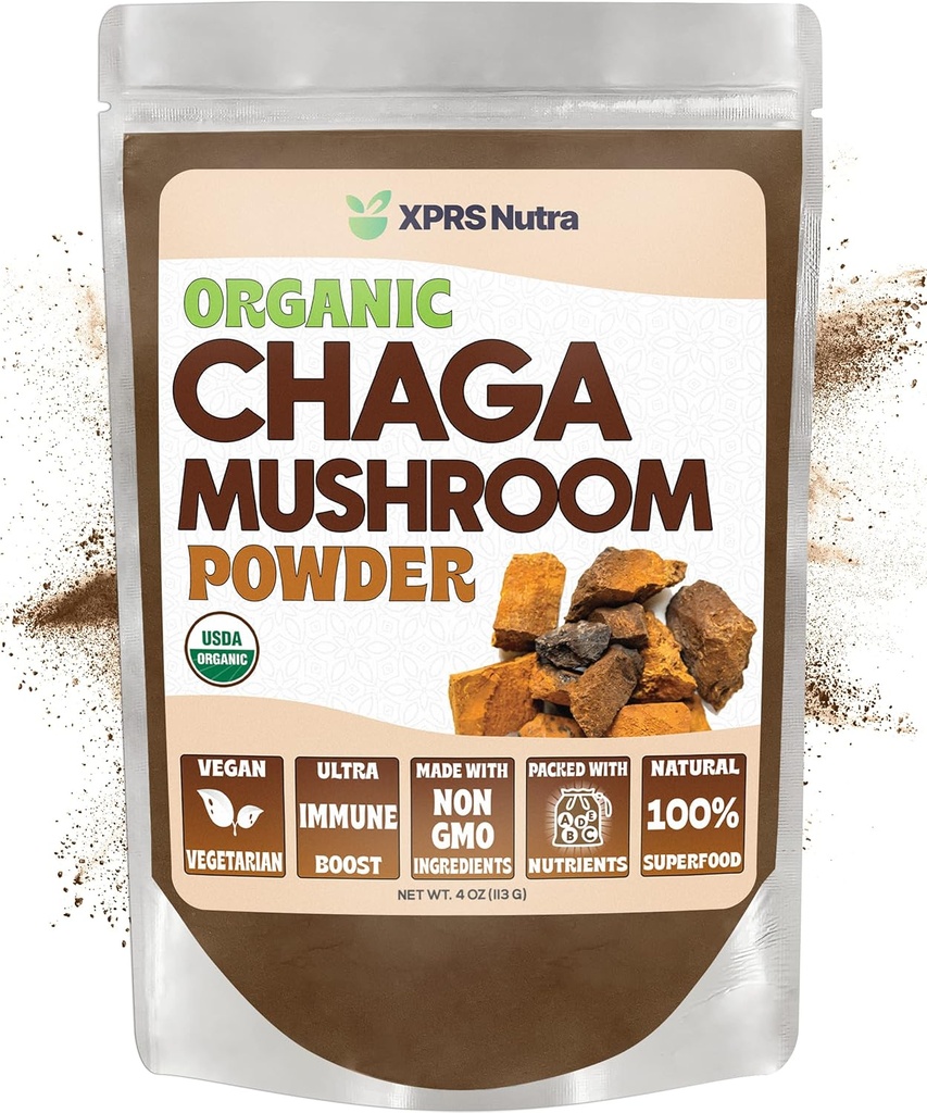 XPRS Nutra Organic Chaga Mushroom Powder - Premium USDA Organic Chaga Mushrooms Powder - Chaga Powder for Ammunity - Vegan Friendly Superfood for Chaga Tea and Beverages (4 Ουγγιά)