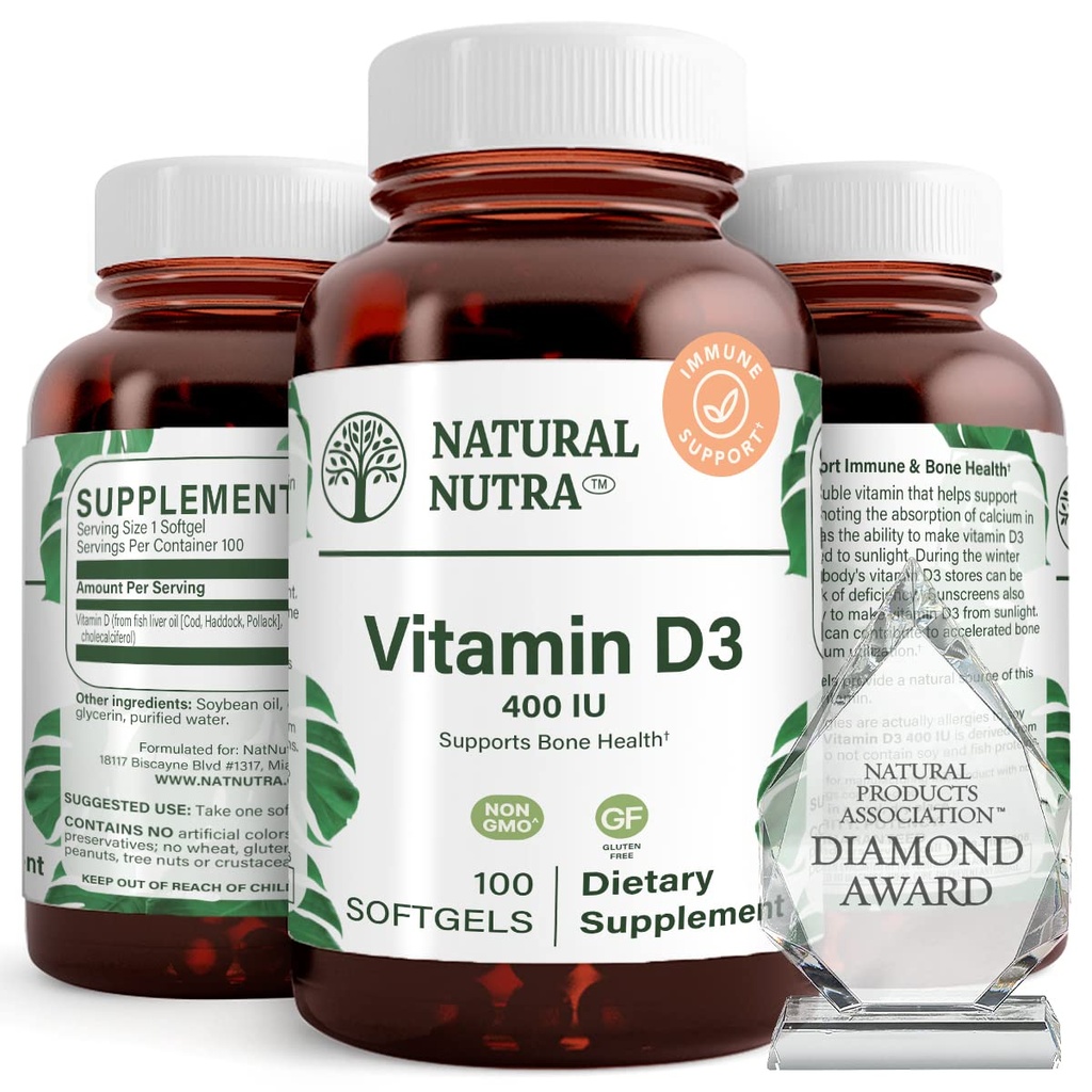 Natural Nutra Supreme Vitamin D3 400 IU Softgels, Βοηθά στην ενίσχυση του ανοσοποιητικού, υποστηρίζει τους πνεύμονες Υγεία, ηλιόλουστη βιταμίνη, βοηθά στη βελτίωση της καρδιαγγειακής υγείας, των οστών και των δοντιών δύναμη, χωρίς γλουτένη, 100 Softgels