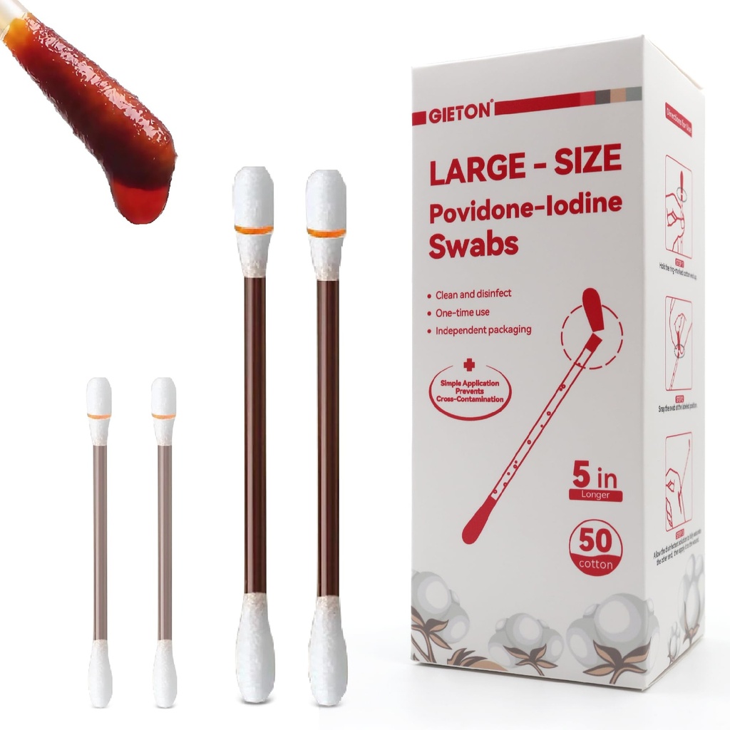 Large - Size 5 inchs Povidone Iodine Swabs (50-Count), Iodine Cotton swabs, Wound Care, Gentle Care and Emergency Care for The Whole Family.
