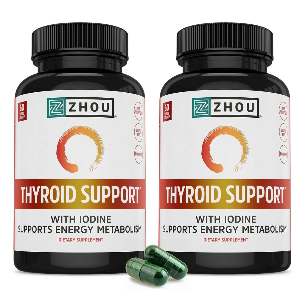 ZHOU Thyroid Support - Thyroid Supplement for Women & Men with Zinc, Iodine, & Selenium, Cellular Energy Thyroid Complex with Ashwagandha, Kelp - 60 Veggie Capsules (Pack of 2)