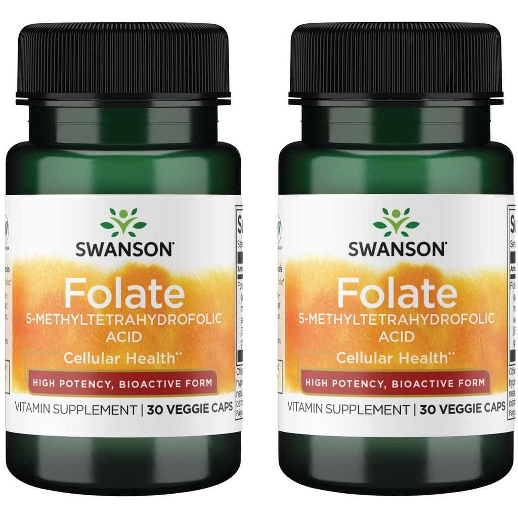 Swanson Folate 5-Methyltetrahydrofolic Acid - High Potency, Bioactive Form 800 mcg Dfe 30 Veg Caps (2 Pack)