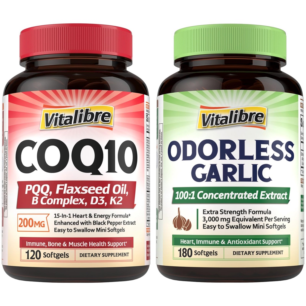 Vitalibre CoQ10 200mg, Ubiquinone with PQQ, Folate, Niacin, K2, D3, Black Pepper, Powerful Antioxidant, Energy Booster, and Odorless Garlic 180 Softgels, Extra Strength 100:1 Extract, Heart & Immunity