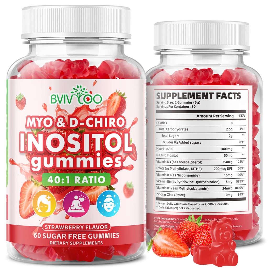 Myo-Inositol & D-Chiro-Inositol Gummies with Vitamin D3, Magnesium Glycinate, Folate & Zinc, Inositol Supplement for Female Health, Sugar Free, Strawberry Flavor, 60 Count