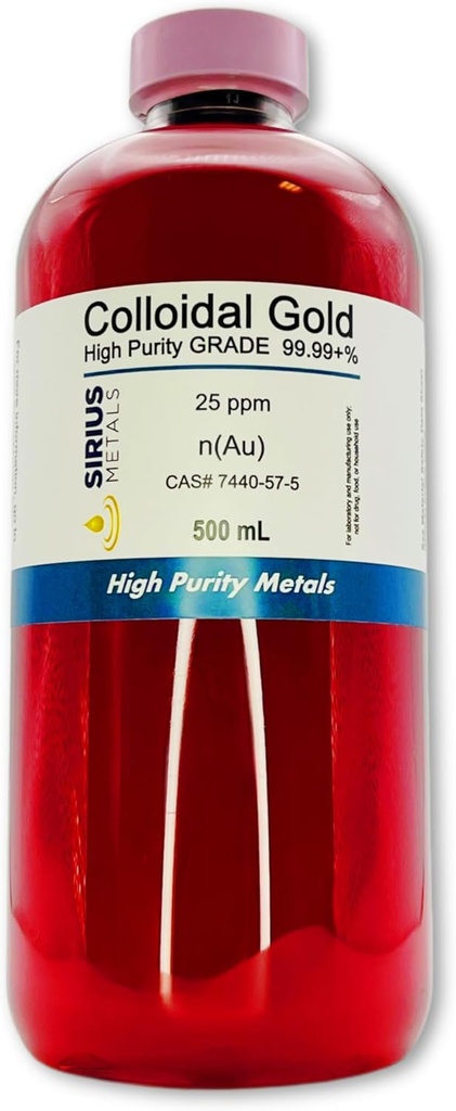 Αληθινό κολλοειδές χρυσό – 25 ppm - 99.99+% καθαρότητα - 500 mL (16.9 fl Oz) σε σαφές BPA-ελεύθερο πλαστικό μπουκάλι - Made in USA