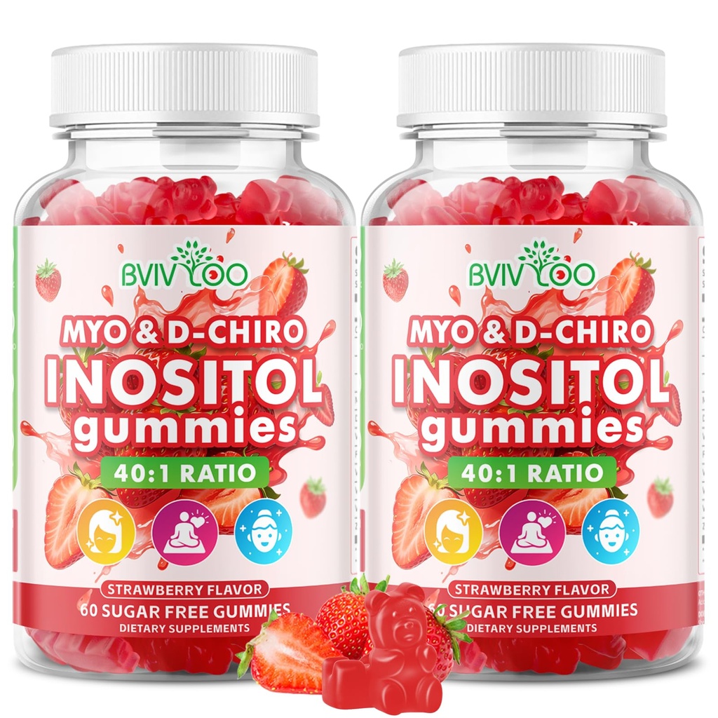 2 Pack Myo-Inositol & D-Chiro-Inositol Gummies with Vitamin D3, Magnesium Glycinate, Folate & Zinc, Inositol Supplement for Female Health, Sugar Free, Strawberry Flavor, 120 Count