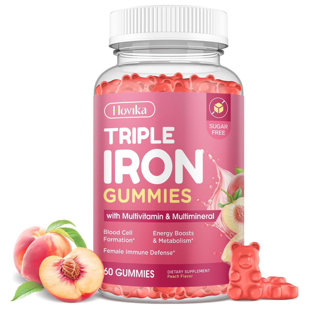 Iron Gummies for Women, Triple Iron Supplement with Multivitamin Iron Gummies with Vitamin C, A, B, Folate, Copper, Zinc for Energy & Blood Support, Immune Health, Vegan Peach, Flavor 60 Counts
