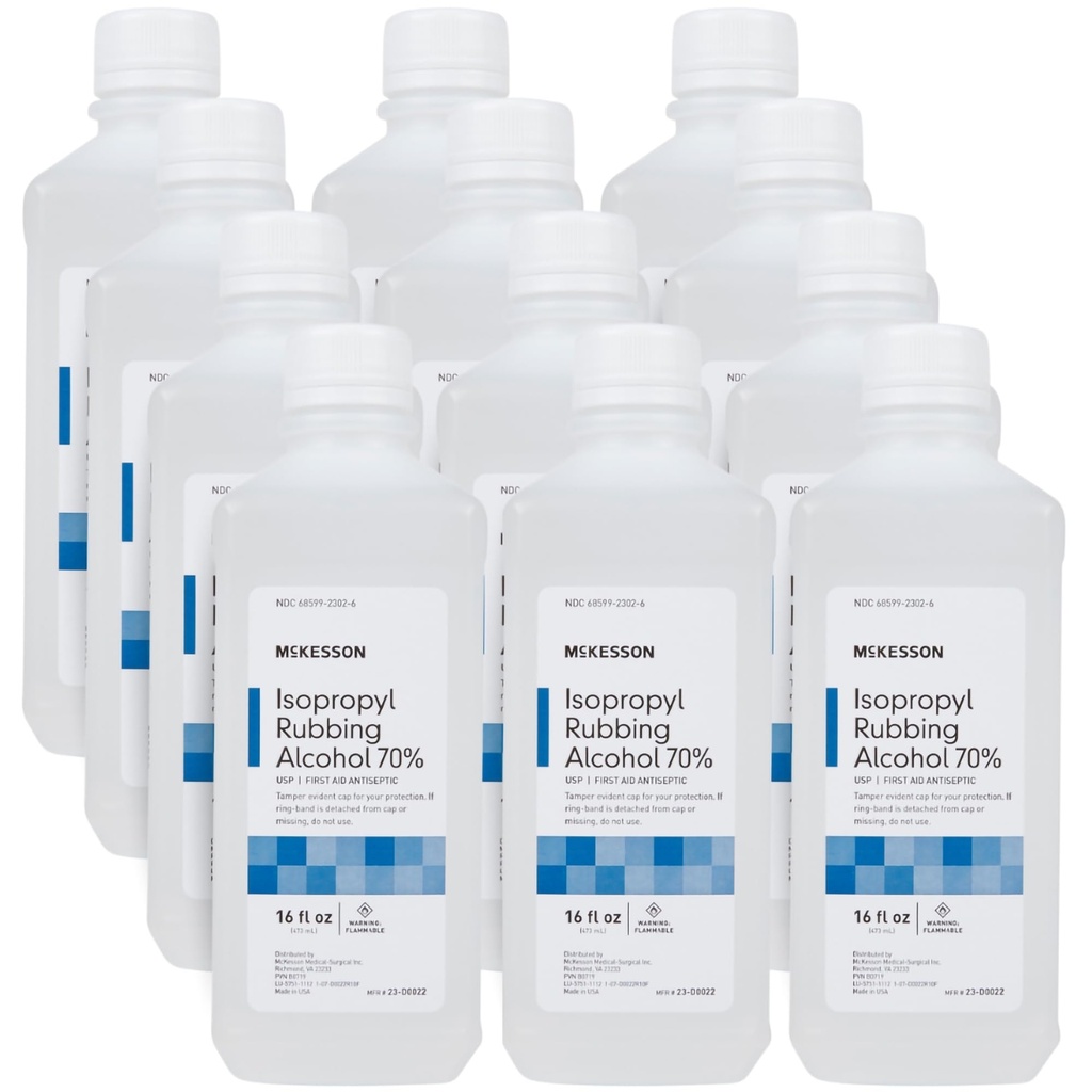 McKesson Isopropyl Rubbing Alcohol 70% [12 Count] USP First Aid Antiseptic, 16 oz