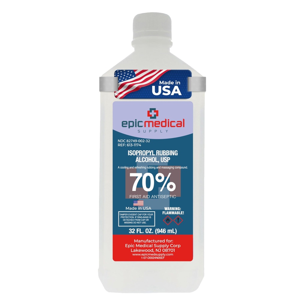 Epic Medical Supply Isopropyl Rubbing Alcohol 70% USP, 32 oz. Bottle, Multipurpose First Aid Antiseptic for Minor Wounds, Cuts, and Scrapes (32.00 Fl Oz Pack of 1)