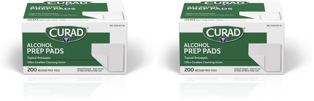 Curad Alcohol Disinfectant Prep Pads, 2-ply, Medium Size, 200 Count (Pack of 2)
