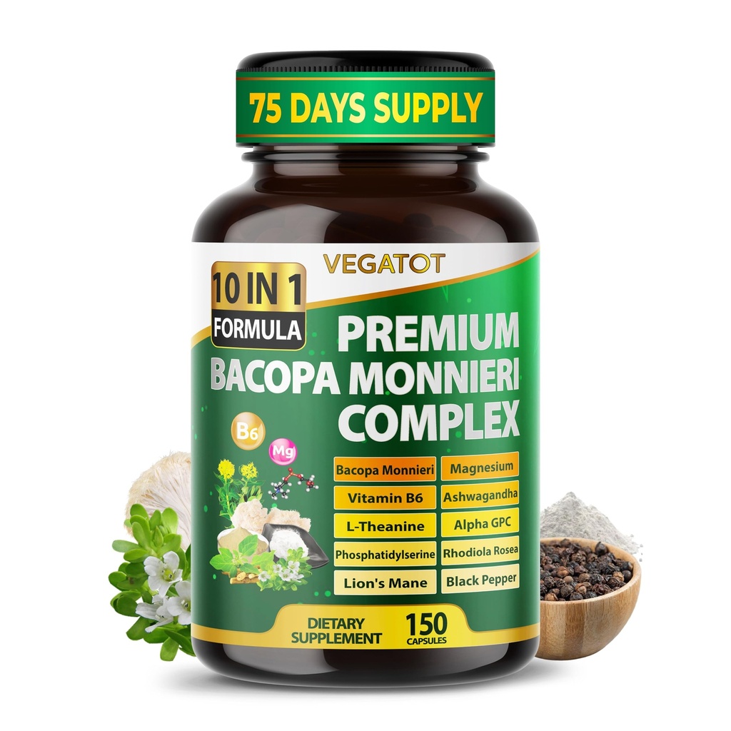VEGATOT Premium Organic Bacopa Monnieri Complex 10-in-1 Formula with Magnesium, Vitamin B6, L-Theanine, Alpha-GPC & Ashwagandha – Supports Memory, Focus & Clarity – 150 Capsules