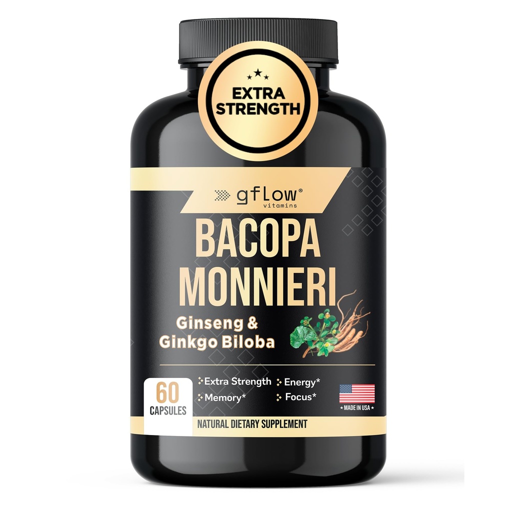 gflow vitamins Bacopa Monnieri Supplement with Ginseng and Ginkgo Biloba | Made in the USA | 60 Capsules, 30 Servings