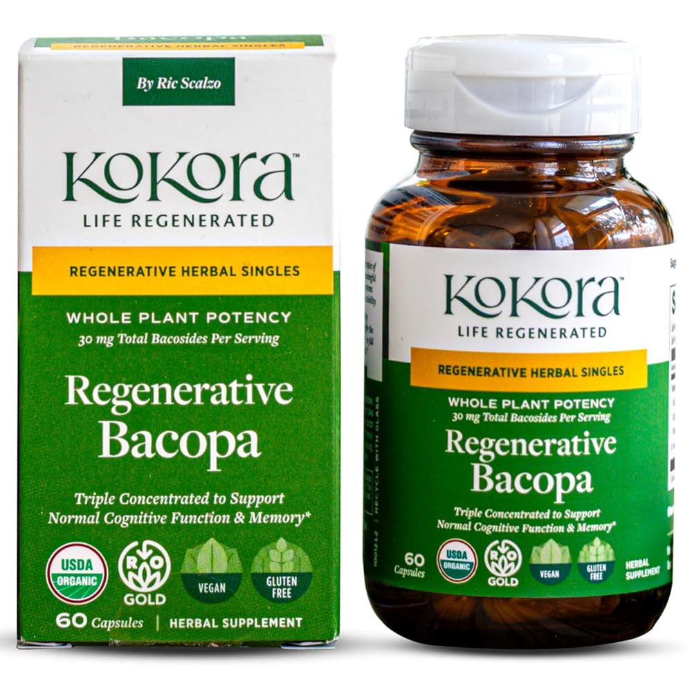 kokora Regenerative Bacopa - Regenerative Organic Certified - Brain Supplement* - Cognitive Function, Focus, Memory Support*- Containing Bacosides -Vegan, Non-GMO - 60 Capsules - 30 Servings