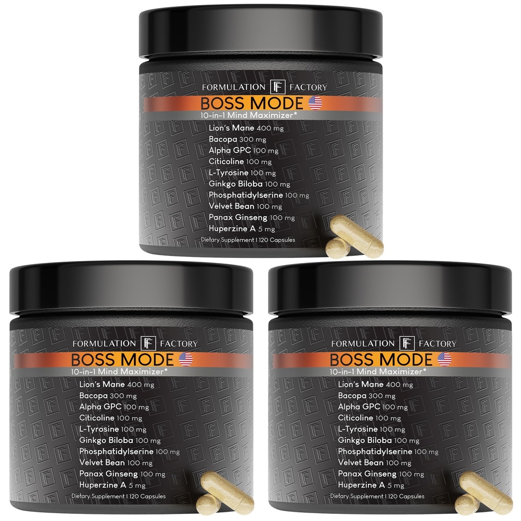 Formulation Factory BOSS Mode 10-in-1 Nootropic Complex with Lion's Mane, Alpha-GPC, Bacopa Monnieri, Ginkgo Biloba, Rhodiola, Ashwagandha & L-Tyrosine - 360 Capsules, 6 Month Supply