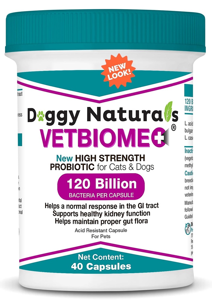 Vetbiome +® Plus High Strength Probiotics for Pets (40 Capsules) - 120 Billion CFU, 9 - Strain Formula – Third Party Tested - Made in U.S.A