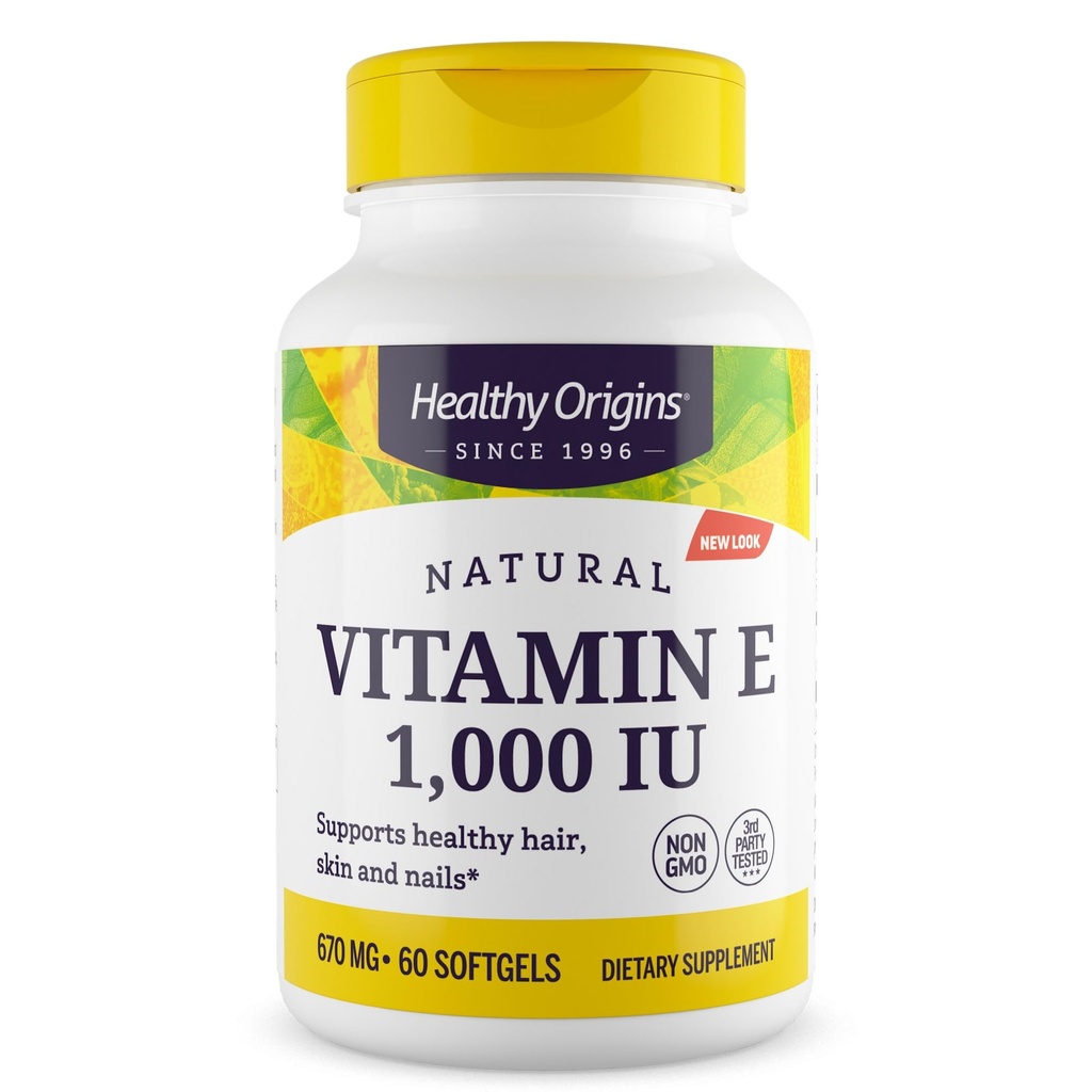 Healthy Origins Vitamin E, 1,000 IU (Natural) Mixed Tocopherols - Vitamin E Supplement - Gluten-Free & Non-GMO Skin, Hair & Nails Vitamin - 60 Softgels