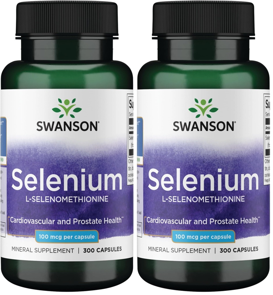 Swanson Selenium (L-Selenomethionine) - Herbal Supplement Promoting Heart Health & Prostate Health - May Support Immune System & Thyroid Health - (300 Capsules, 100mcg Each) (Pack of 2)
