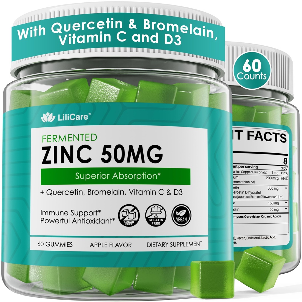 Zinc Gummies 50mg + Quercetin & Bromelain, Vitamin C & D3, Copper, Selenium, Fermented Zinc Supplements for Women and Men for Immune Defense, Powerful Antioxidant, High Absorption, Sugar Free, 60 Cts
