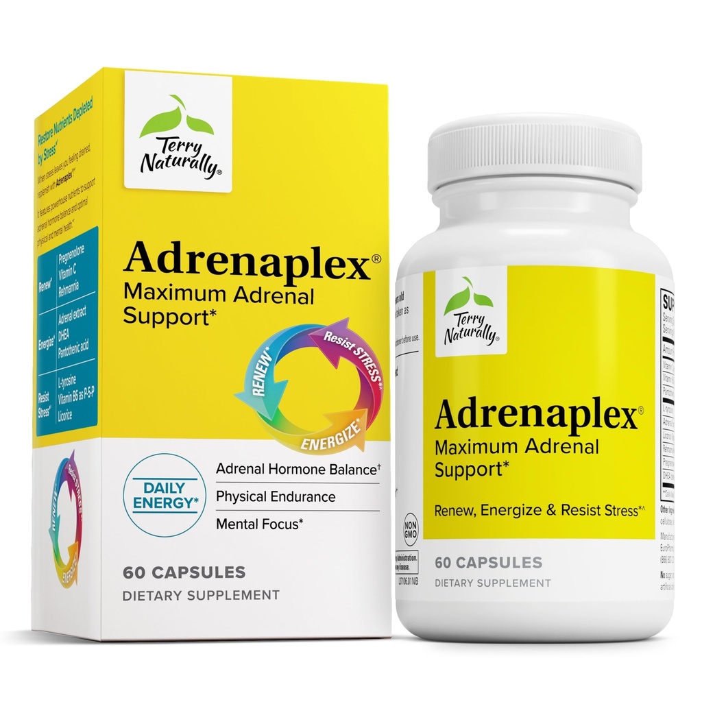Terry Naturally Adrenaplex - Adrenal Gland Function Supplement - Glandular Support with Vitamins C & B6 - Dietary Supplement to Support Healthy Adrenal Function - 60 Capsules