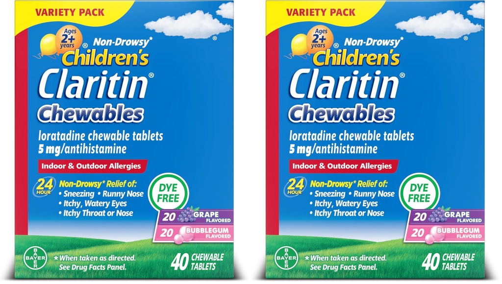 Claritin Children's Allergy Medicine, 24-Hour Non-Drowsy Loratadine 5mg Chewable Tablet, Antihistamine for Kids Ages 2 Years and Older, Grape & Bubble Gum Flavors, 40 Tablets, (Pack of 2)