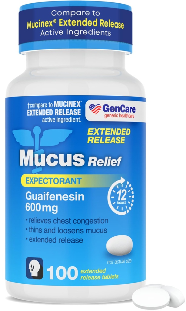 GenCare - Mucus Relief Guaifenesin 600mg (100 Tablets) Mucus Relief Expectorant for Congestion & Cough - Extended Release Tablets for Immediate & Lasting Relief