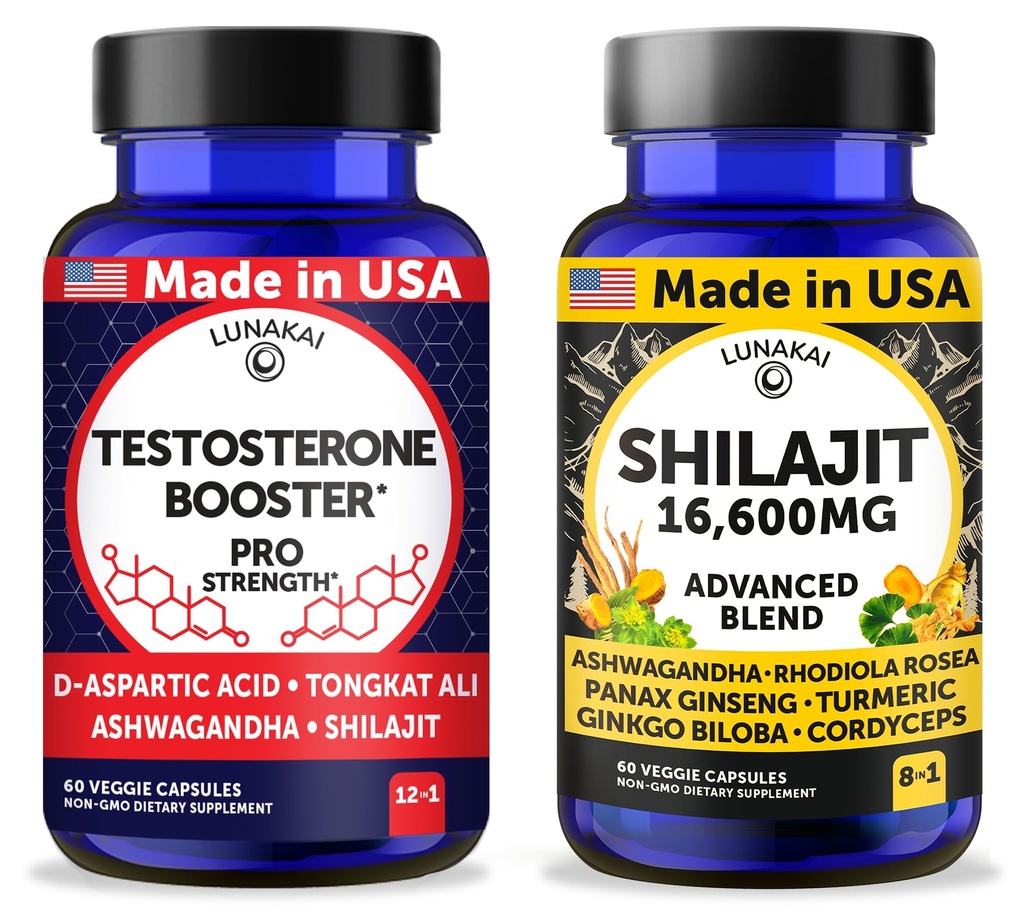 Lunakai USA Made Testosterone Booster + Shilajit Capsules Bundle – Non-GMO – 60ct Each