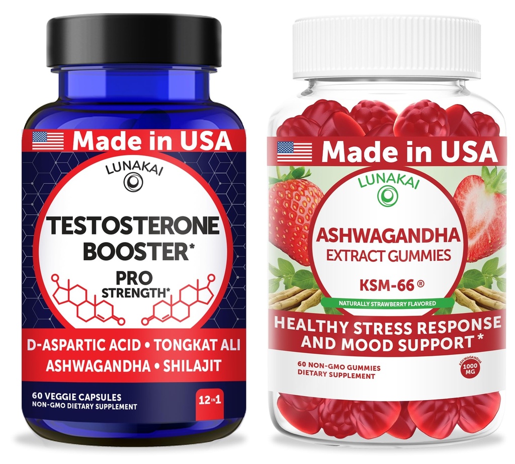 Lunakai USA Made Testosterone Booster Capsules + Ashwagandha Extract Gummies Bundle – Non-GMO – 60ct Each
