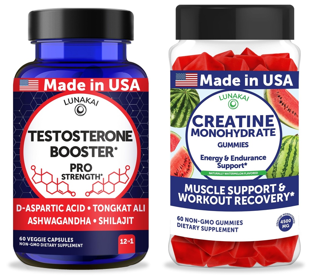 Lunakai USA Made Testosterone Booster Capsules + Creatine Monohydrate Gummies Bundle – Non-GMO – 60ct Each