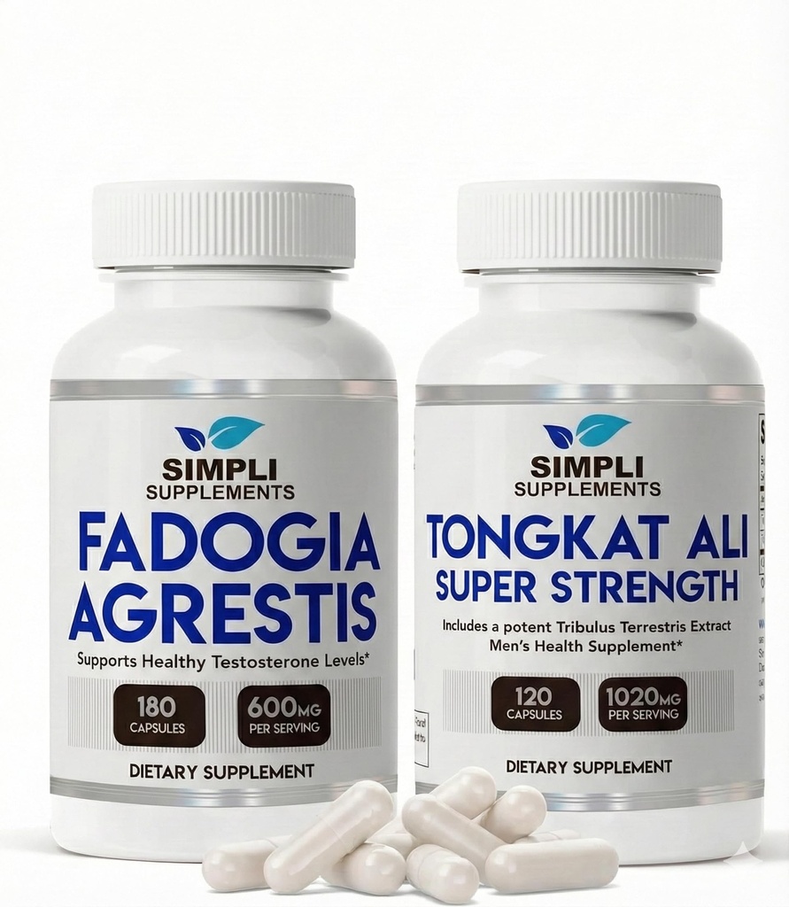 Simpli Supplements Fadogia Agrestis 600mg + Tongkat Ali 200:1 Stack | Natural Testosterone, Energy, Stamina & Performance Support | 300 Capsules Total