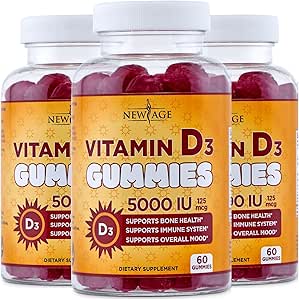 NEW AGE Vitamin D3 5000 IU 125mcg Gummies - Υποστήριξη για την Ανοσολογική Υποστήριξη, Ισχυρή Υγεία των Οστών - Μη ΓΤΟ, Χωρίς Γλουτένη, Χωρίς Γαλακτοκομικά, Χωρίς Ζελατίνη (180 Gummies (Pack of 3))
