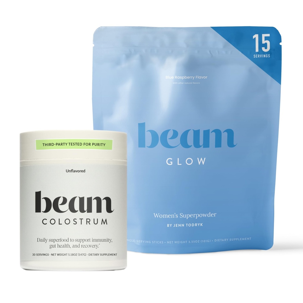 BEAM Glow + Colostrum Powder Bundle – Beauty and Gut Health Superfood Duo for Radiant Skin, Healthy Hair, Immune Support, Digestive Balance, Hydration, and Daily Wellness from Within