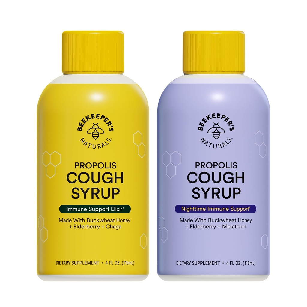 Beekeeper's Naturals Propolis Honey Cough Syrup – Adult Daytime & Nighttime Value Pack – Elderberry, Bee Propolis, Buckwheat Honey – Immune Support & Throat Soothing, Two Pack, 2 x 4 fl oz