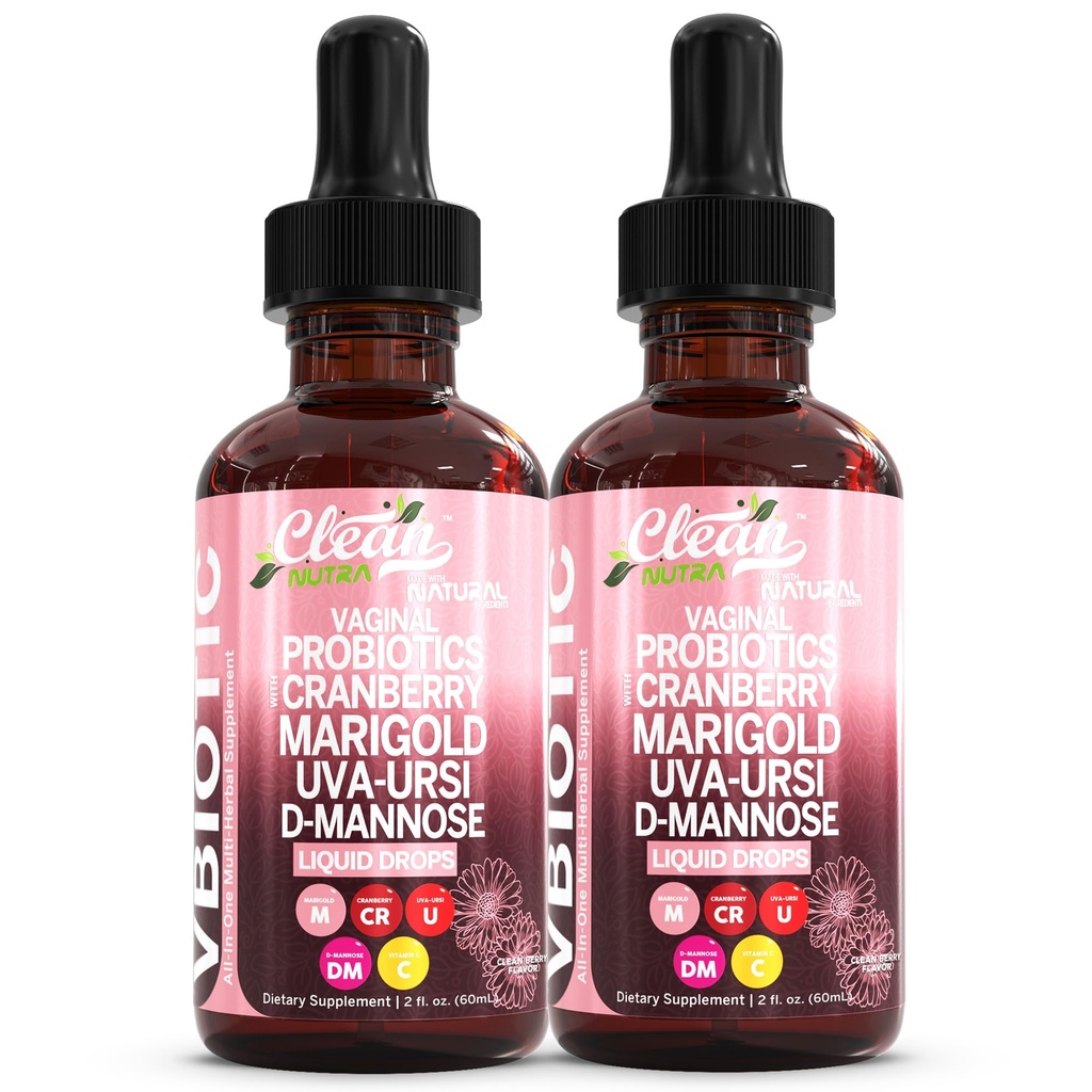 VBiotic Vaginal Probiotic for Women Liquid Drops | Womens Probiotics | Cranberry Uva Ursi Horsetail D-Mannose Prebiotics Marigold & Black Cohosh Vaginal Health Supplement | pH Balance | By Clean Nutra