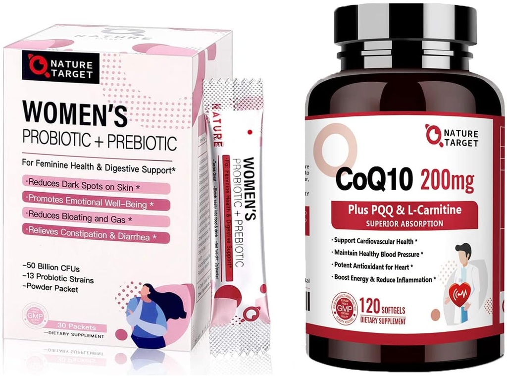 NATURE TARGET Probiotics συμπλήρωμα σκόνης για γυναίκες & CoQ10-200mg με PQQ L-καρνιτίνη & Omega-3s υψηλή απορρόφηση