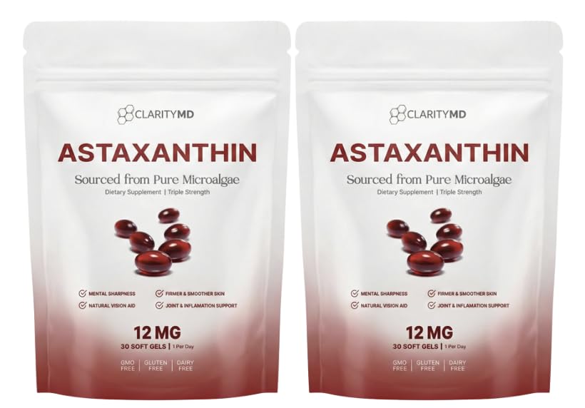 Astaxanthin 12mg Antioxidants Supplement – Natural Microalgae Source – Lipid-Based Softgel for Enhanced Absorption – Cognitive, Vision & Joint Support – 30 Softgels (Pack of 2)