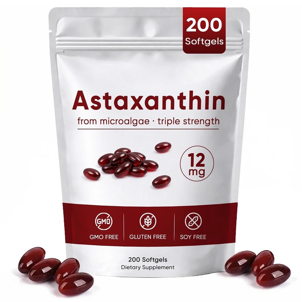ROVINA Astaxanthin 12 mg 200 Softgels, Natural Astaxanthin | Non-GMO, Gluten-Free, Soy Free | Daily Eye, Skin Support