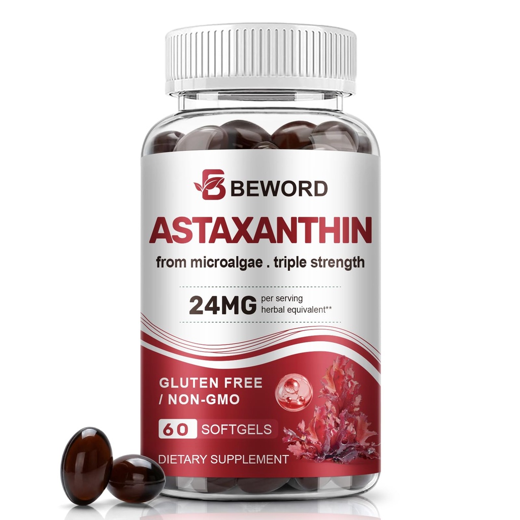 BEWORD Astaxanthin 24mg with MCT Oil, 60/120 Softgels 2-Month Supply | Premium Antioxidant Supplements | Natural Microalgae, Triple Strength | Supports Skin & Eye Health | Non-GMO, Gluten & Soy-Free