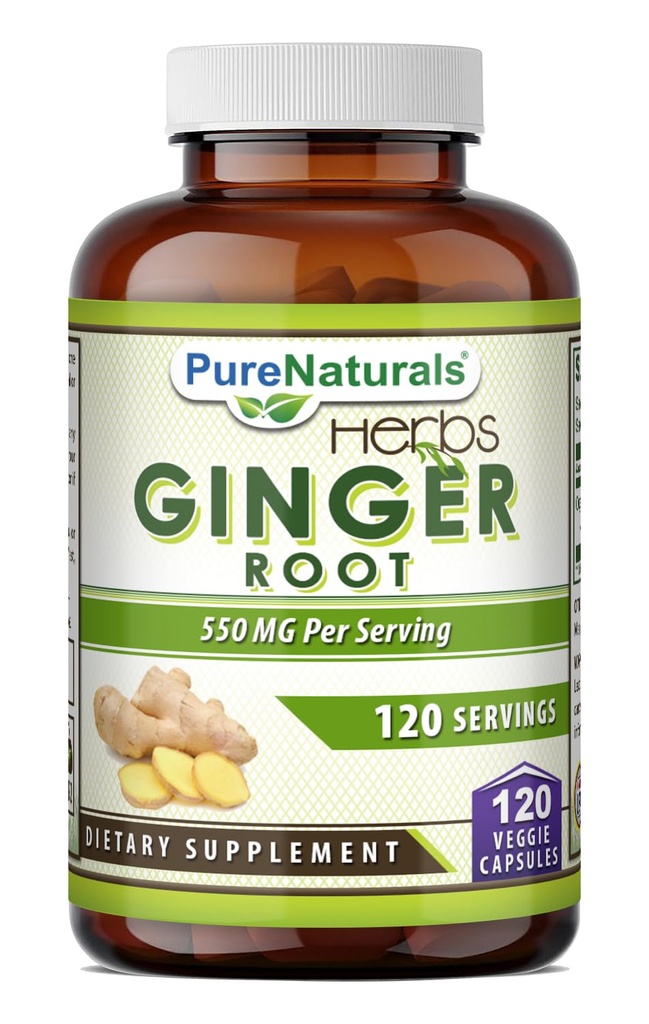 Pure Naturals Ginger Root Supplement - 550mg Capsules - Easy to Swallow Capsule - Commonly Used Natural Remedy for Nausea Due to Pregnancy & Other Conditions - 120 Pills Per Bottle