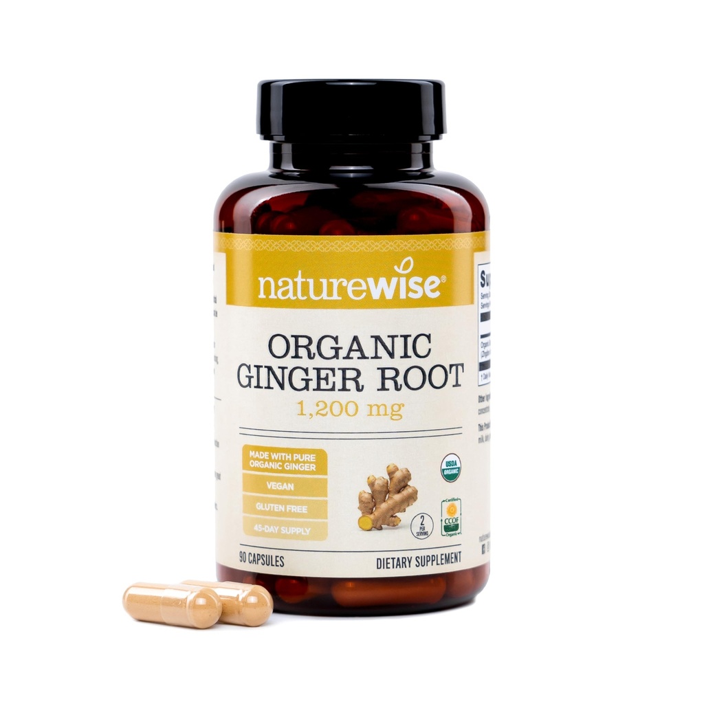 NatureWise Organic Ginger Root 1200mg - USDA Organic – Certified Organic by CCOF - Digestive Comfort & Immune System Support - Vegan - Non-GMO - USA Manufactured - 90 Capsules[45-Day Supply]