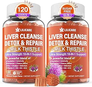 Milk Thistle Liver Detox Gummies, 18-IN-1 Liver Cleanse Detox & Repair Supplement with Berberine, Chicory Root, Turmeric, Artichoke, Dandelion Root, Chanca Piedra, Vitamins B6 B12-Sugar Free,Pack of 2