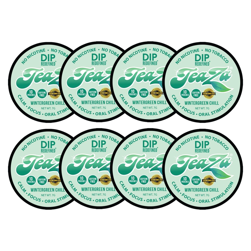 TeaZA Energy Pouches, Tobacco Free Nicotine Free Smokeless Alternative Snuff & Energy Dip Chewing Tobacco Alternative Healthy Dipping Caffeine Free Great for Refreshing - Wintergreen Chill (8 Pack)