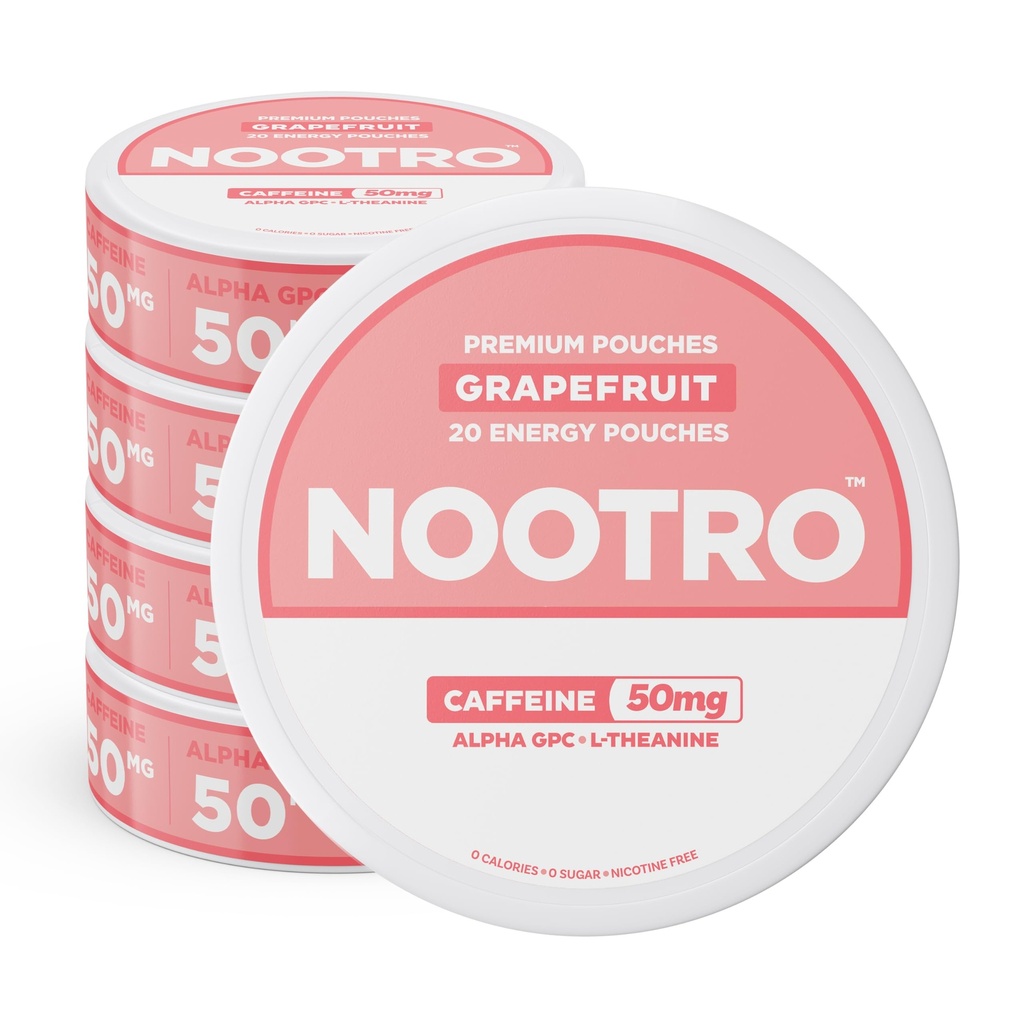 Nootro Caffeine Nootropic Pouches (Grapefruit) - Energy Pouches with 50mg Caffeine, 50mg Alpha GPC, 50mg L-Theanine with No Sugar and no Calories - 20 Pouches Per Can - 5 Pack