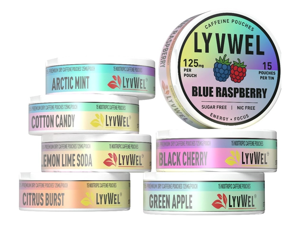 LyvWel 125mg Caffeine Pouches, Guarana-Powered Energy Pouches, Nootropic Pouches, Nicotine Free Pouches & Tobacco-Free (75 Total Pouches) (7 Pack, All Flavors)