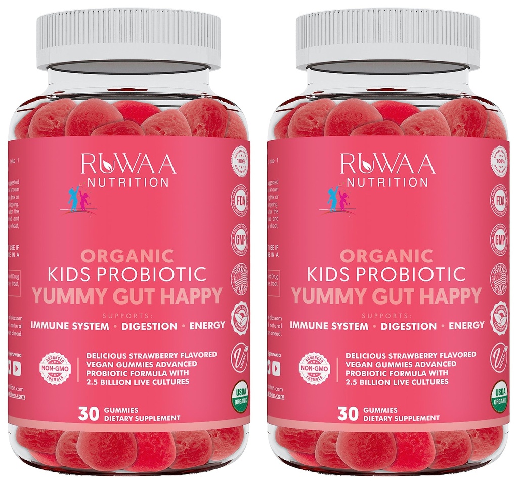 RUWAA NUTRITION Probiotic Gummies. Organic Kids Probiotic Chewable for Digestive Health & Immunity. Kids Pre & Probiotics Vitamins. No Allergens, Gluten-Free, Non-GMO, Probiotic for Children 60ct (2)