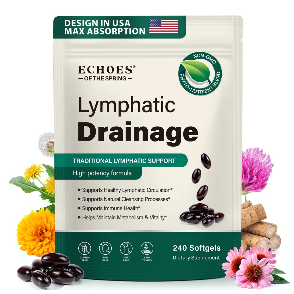 Lymphatic Drainage Supplements, 240 Softgels, 21-in-1 Herbal Blend with Echinacea, Dandelion & Burdock Root, Lymph System Support Supplement for Women & Men, Daily Wellness Support