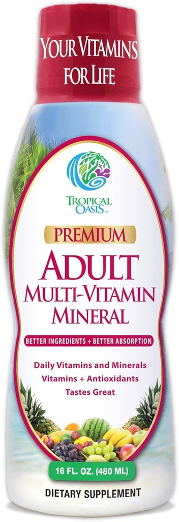 Tropical Oasis Ενηλίκων Υγρή Πολυβιταμίνη -Liquid Multi-Vitamin και Mineral Συμπλήρωμα με 125 Ολικά θρεπτικά συστατικά Συμπεριλαμβάνονται 85 Βιταμίνες & Ορυκτά, 23 Αμινοξέα και 18 Βότανα - 16 fl oz, 32 σερβ
