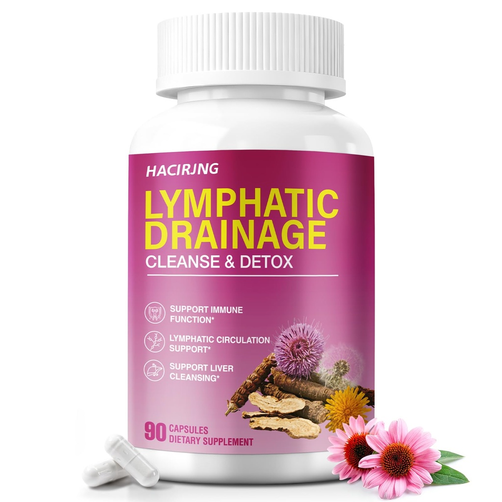 Lymphatic Drainage Supplement, 19-in-1 Lymphatic Drainage Capsules with Echinacea, Dandelion, Burdock & Cleavers, Detox & Cleanse for Women & Men, Fluid Balance, Immune Fuction Support*, 90 Capsules