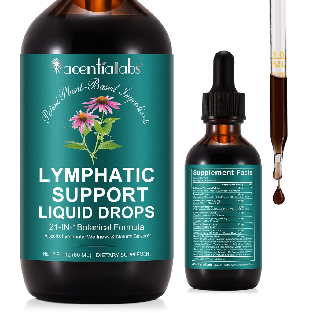 Lymphatic Drainage Drops | 21-in-1 Lymph System Support Supplement | Lymph Cleanse with Turmeric, Echinacea, Elderberry & Dandelion | for Women & Men, 2 fl oz