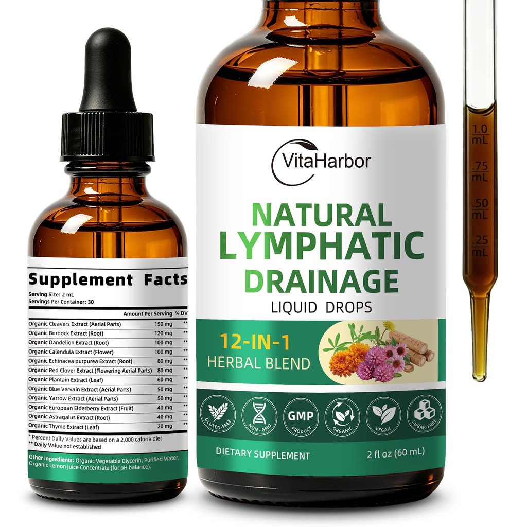 VitaHarbor Lymphatic Drainage Supplements, 12-in-1 Lymphatic Drainage Drops with Echinacea, Burdock, Dandelion, Cleavers, Elderberry, Calendula & More for Lymphatic Support & Immune Support, 2 FL OZ