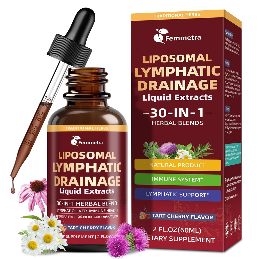 Liposomal Lymphatic Drainage Drops - 30 Herbal Blend, Tart Cherry Flavor, Supports Fluid Balance & Eases Bloating for Sedentary Workers, Plant-Based Daily Wellness, 2 Fl Oz, Liquid Form