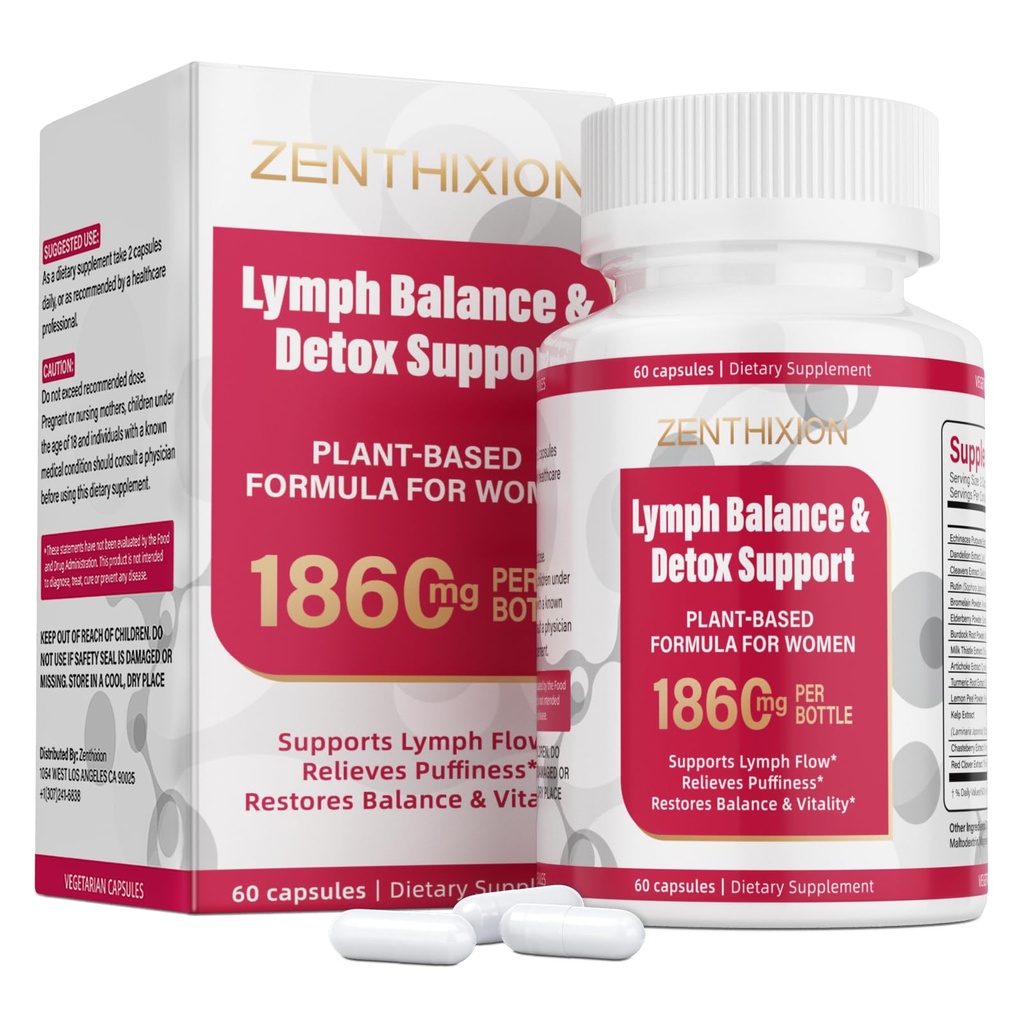 Lymphatic Drainage Supplements, 1860mg Lymph System Support Supplement for Women with Dandelion, Burdock, Echinacea, Rutin, Turmeric, Cleavers, Bromelain & More, 60 Capsules